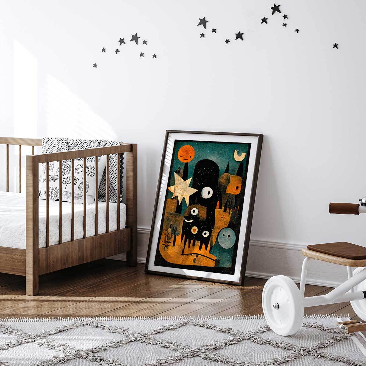 Affiche enfant la nuit des jeunes monstres  Affiche + cadre en bois - Noir