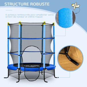 Trampoline enfant Ø 1,63 × 1,63H m filet de sécurité porte zipée couvre-ressorts 6 poteaux rembourrés inclus bleu