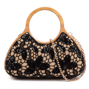 Avisio bolso de mano fabricado en madera natural, algodón y jute con diseño malla de tejido floral