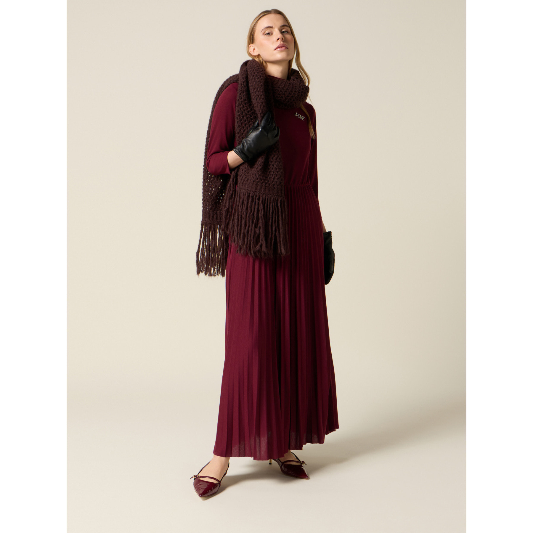 Oltre - Vestito flare misto viscosa con spilla - Bordeaux