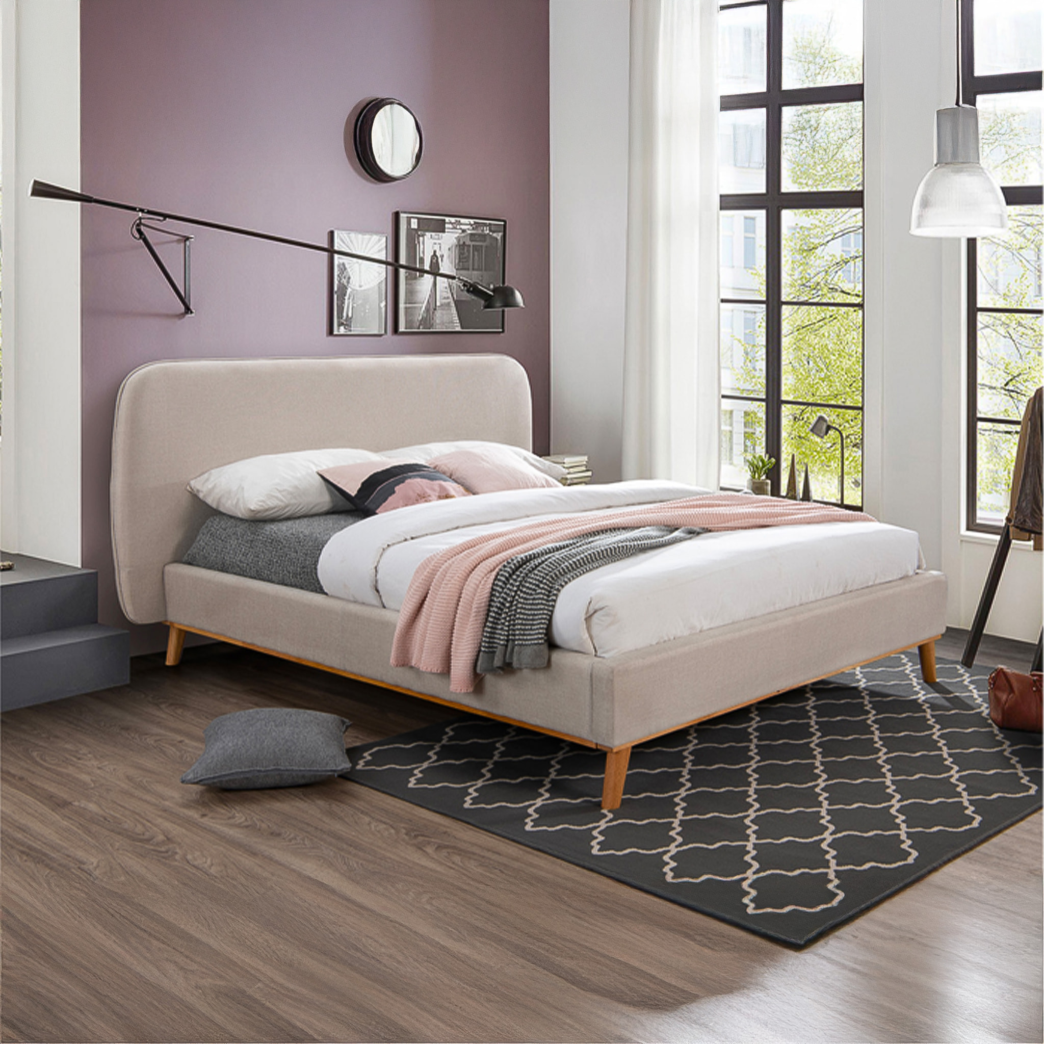 Lit double 160x200 cm en tissu gris/beige - Modjo