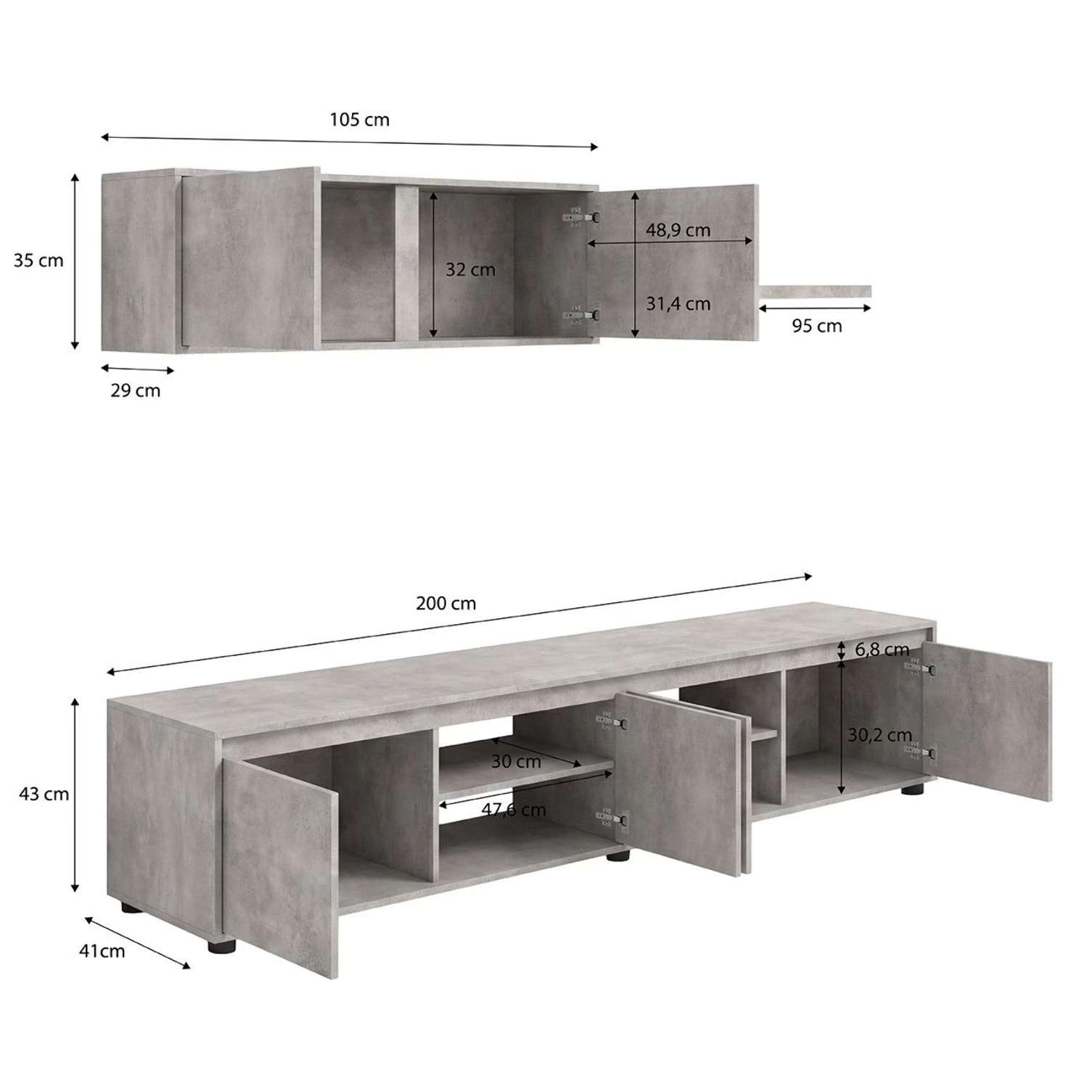 Salón con mueble de TV y estantería en gris cemento 200 cm Arlet Gris cemento