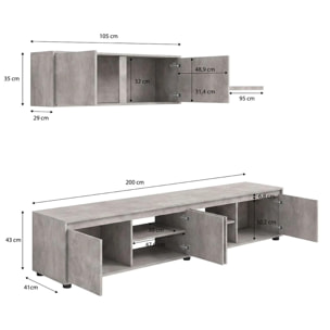 Salón con mueble de TV y estantería en gris cemento 200 cm Arlet Gris cemento