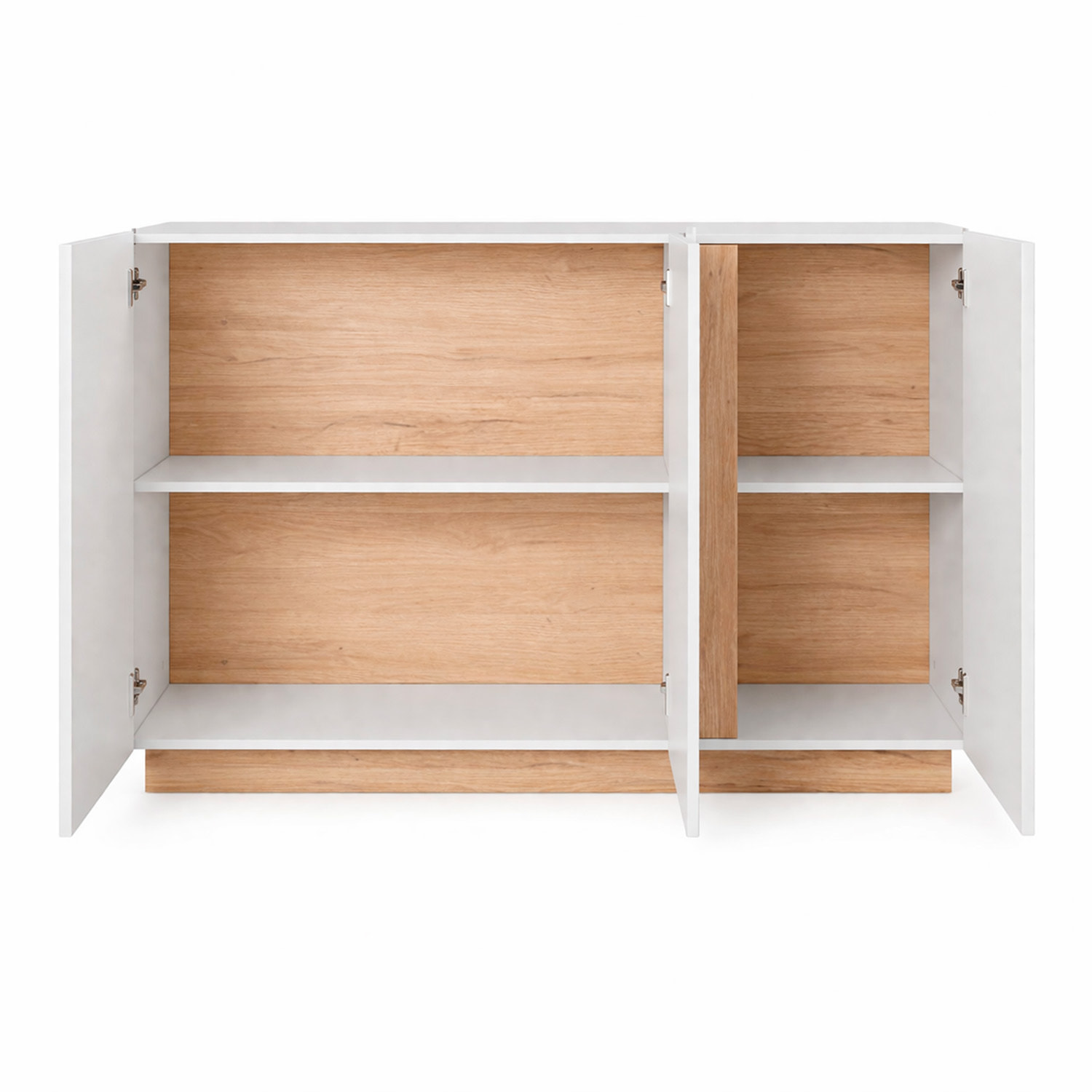 Credenza Soggiorno 3 Ante Madia Moderna Con Ripiani Interni Mobile Contenitore Design Elegante Oldenburg 138 x 40 x 90.5 Cm Bianco Lucido e Rovere