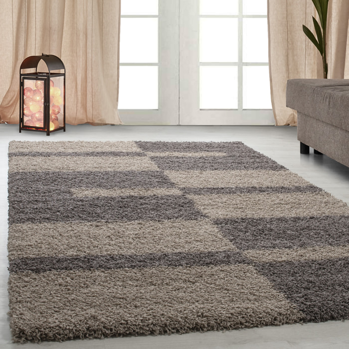 GALA - Tapis shaggy à poils longs motif géométrique taupe