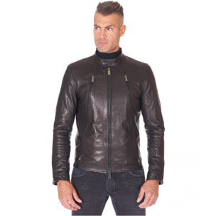 Giacca biker in pelle naturale nera due tasche