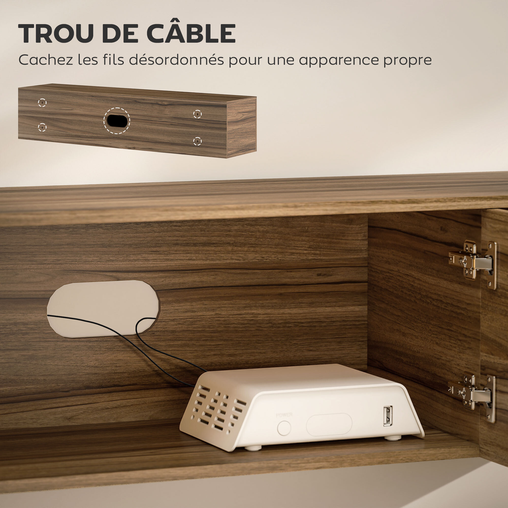 Meuble TV suspendu flottant design effet bois de noyer 4 portes 2 étagères dim. 150 x 35 x 32 cm