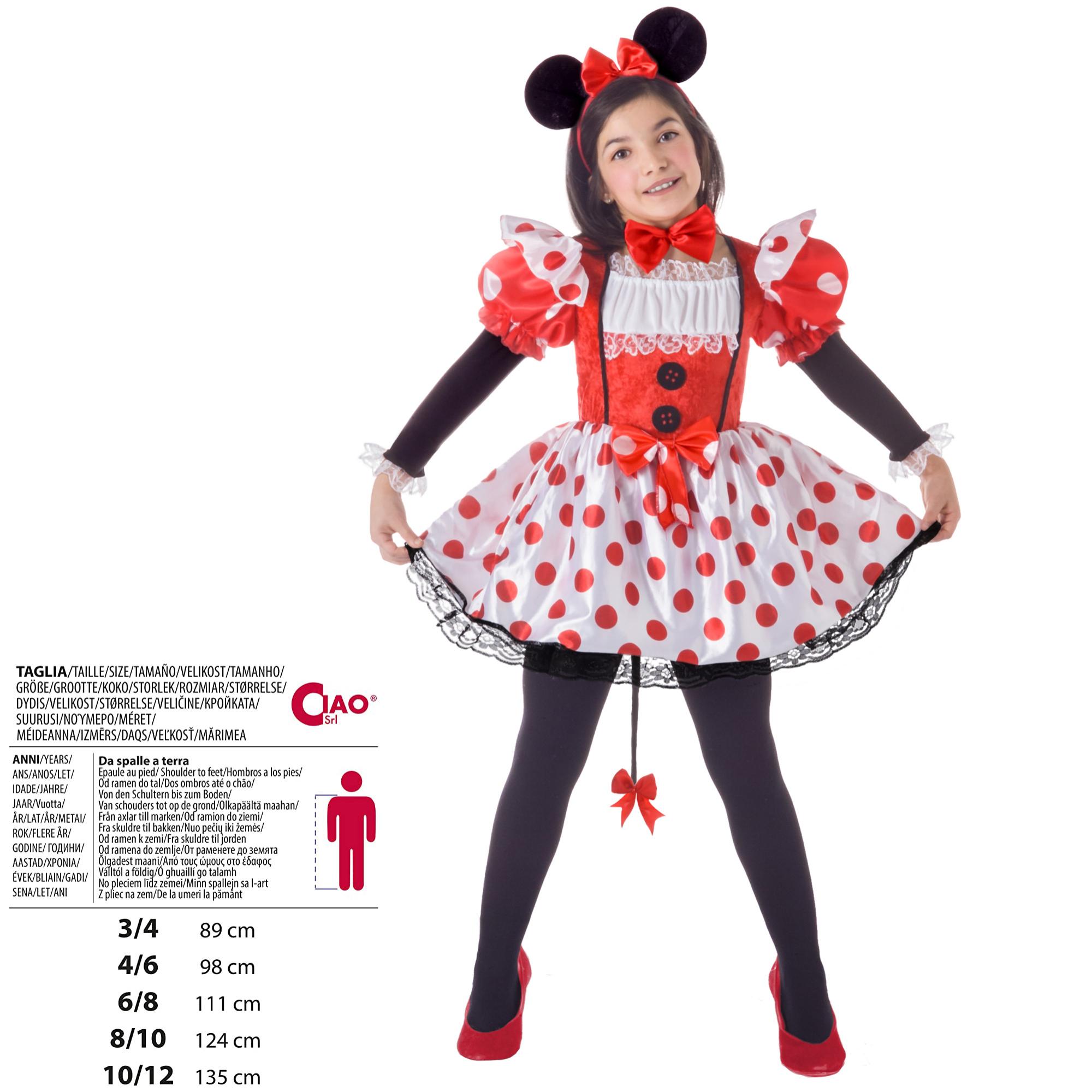 Abito Costume Carnevale Topina Pois Bianco Rosso Nero Bambina