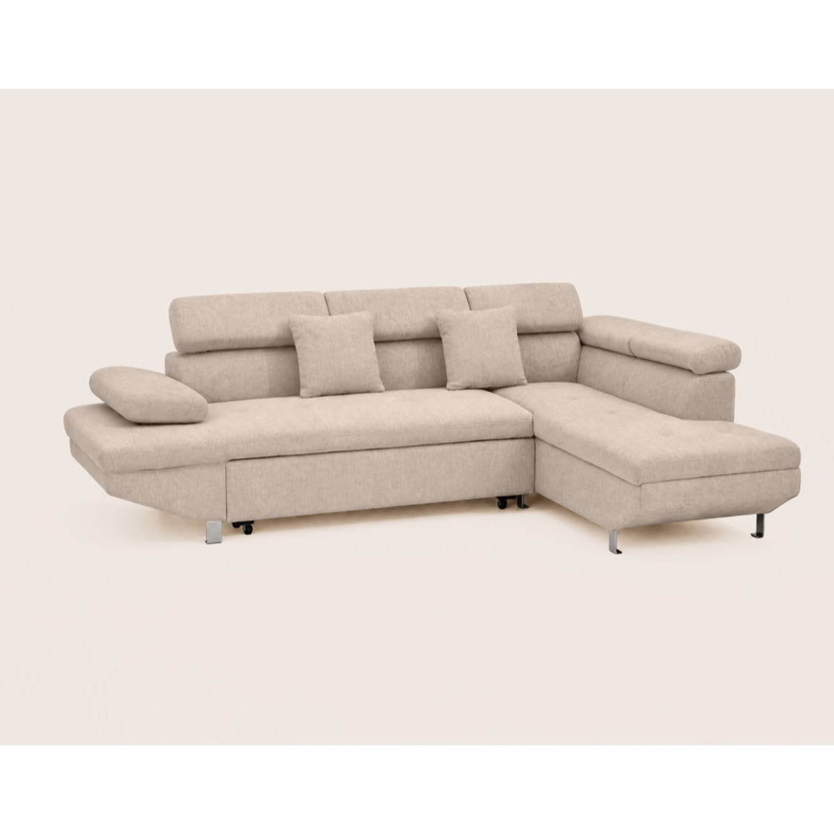 Margaux - Canapé d'angle droit 5 places convertible avec coffre et têtières réglables en velours texturé - Beige