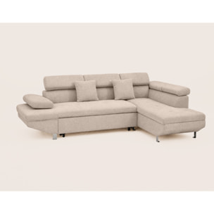 Margaux - Canapé d'angle droit 5 places convertible avec coffre et têtières réglables en velours texturé - Beige
