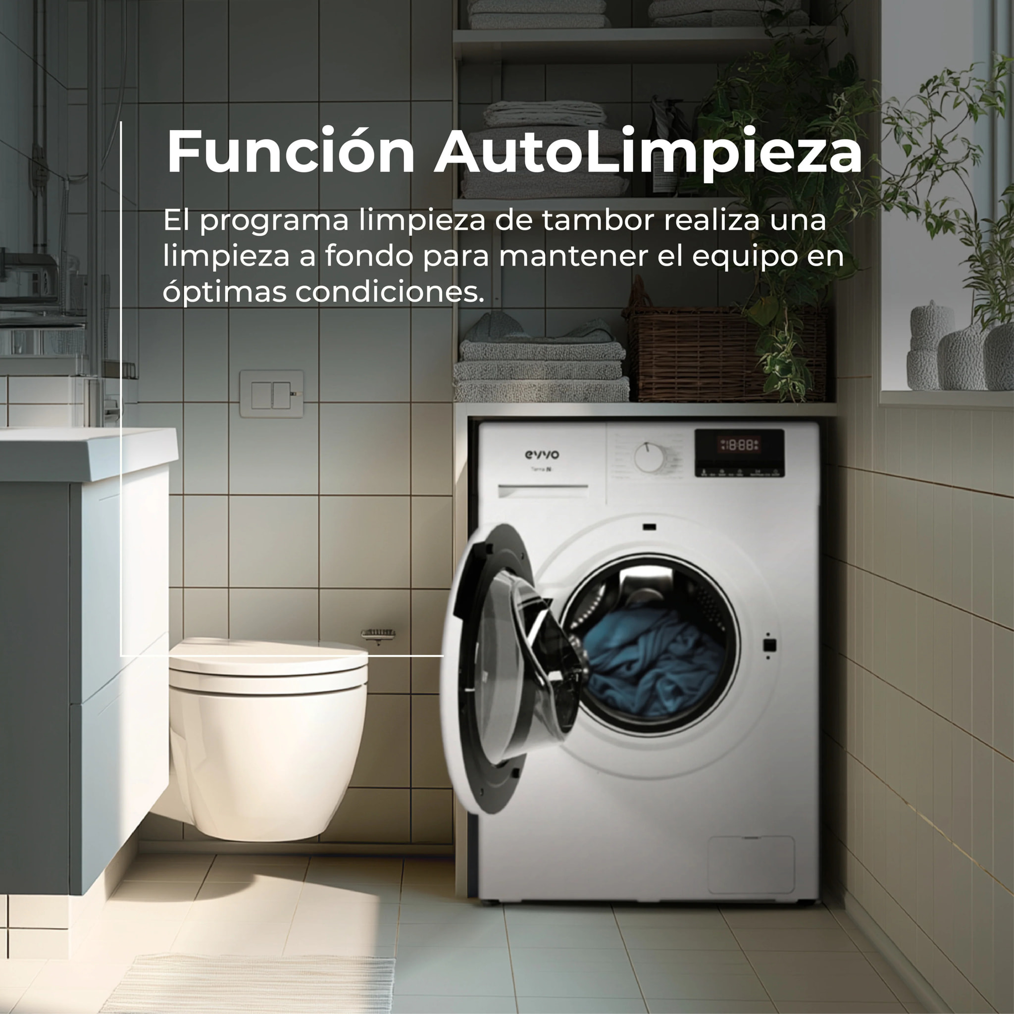 EVVO Lavadora 10kg carga frontal Terra N10, 1400 rpm, Clase energética A, 16 programas, Lavado Rápido 15', Inicio diferido, Blanco
