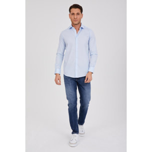 Camicia Uomo 1 Bottone Francese Slim Popeline Stretch Unito Celeste