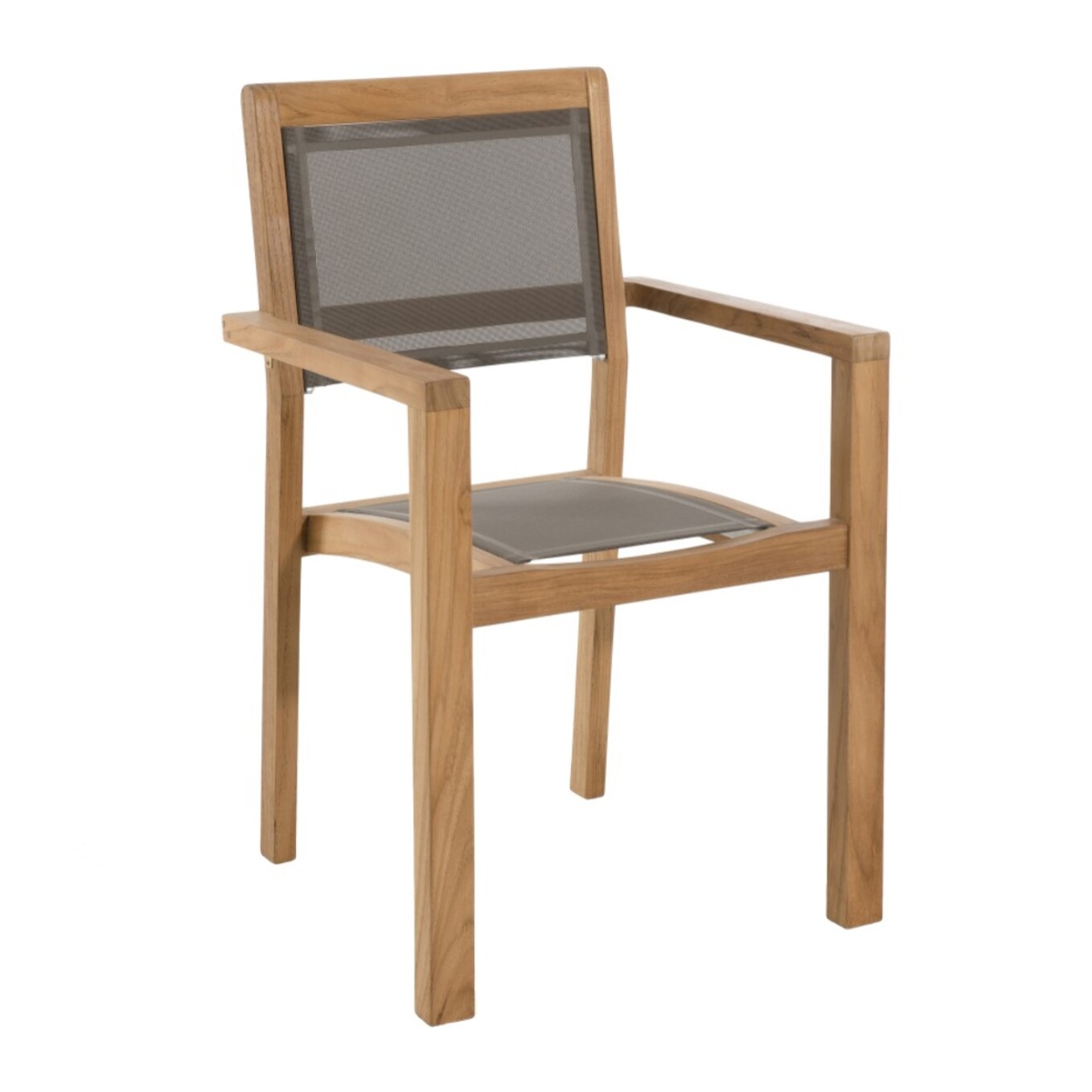 FUN - SALON DE JARDIN BOIS TECK 8/10 pers - 1 Table rect. extensible pieds croisés - 6 fauteuils empilables textilène taupe