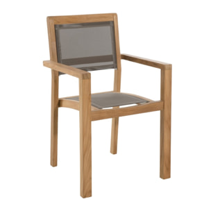 FUN - SALON DE JARDIN BOIS TECK 8/10 pers - 1 Table rect. extensible pieds croisés - 6 fauteuils empilables textilène taupe