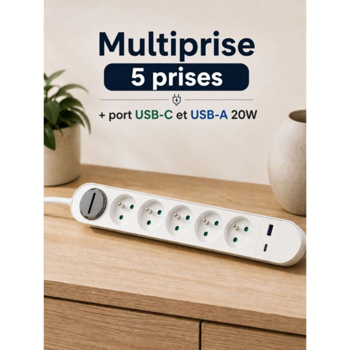 Multiprise ESSENTIELB 5 prises + port USB-C et USB-A 20W