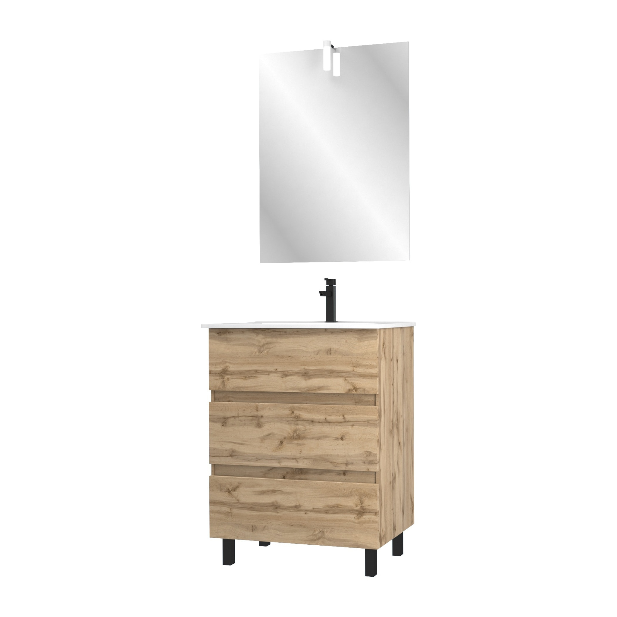 Pack Meuble SDB 60cm sur pieds 3 tiroirs Chene_Vasque blanche + Miroir Led - TIMBER 60_Pack41