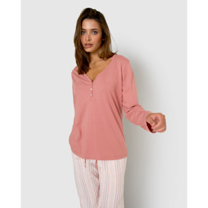 Pijama largo de algodón con escote pico raya martuca rosa