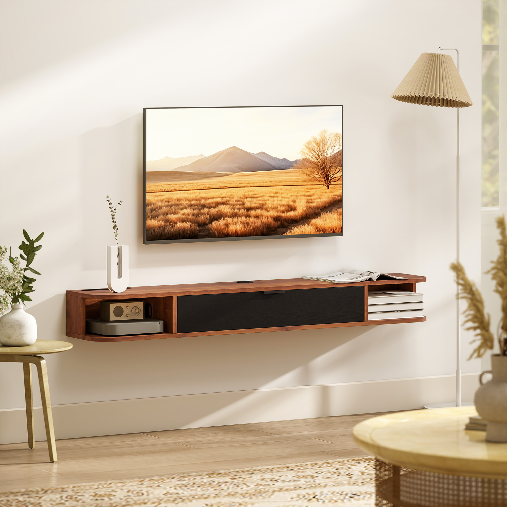 Meuble TV suspendu 140cm - porte, 2 niches, espace routeur, passe-fils - effet bois noyer noir