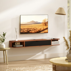 Meuble TV suspendu 140cm - porte, 2 niches, espace routeur, passe-fils - effet bois noyer noir
