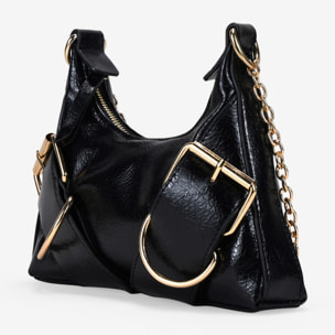 Bolso de hombro negro con hebillas y cadena