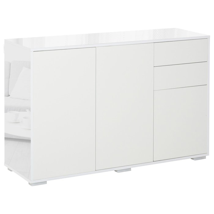 Aparador de Salón con 3 Puertas 2 Cajones y Estante Interior Ajustable Mueble Auxiliar de Almacenaje para Cocina Dormitorio Antivuelco 117x36x74 cm Alto Brillo Blanco