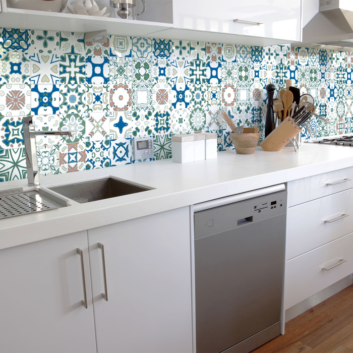 Stickers muraux - Sticker Mural Carrelage adhésif Cuisine Salle de Bain - 30 STICKERS CARRELAGES AZULEJOS CYNDIA