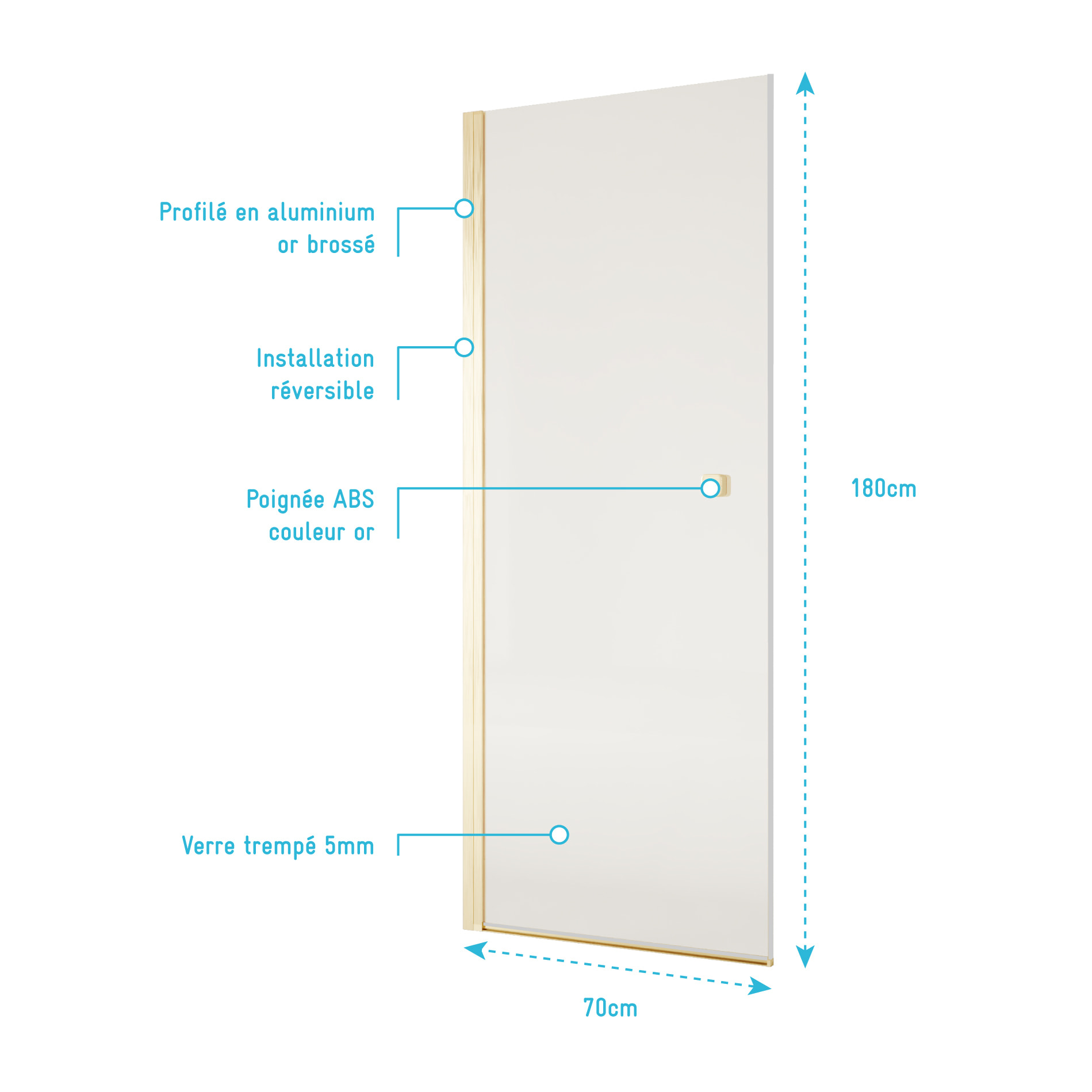 Porte de Douche Pivotante 70x180 cm en Verre Trempe 5 mm - Finition Or Brosse - GOLD ELEMENTARY