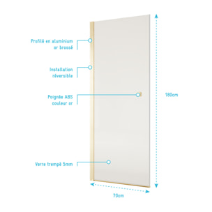 Porte de Douche Pivotante 70x180 cm en Verre Trempe 5 mm - Finition Or Brosse - GOLD ELEMENTARY