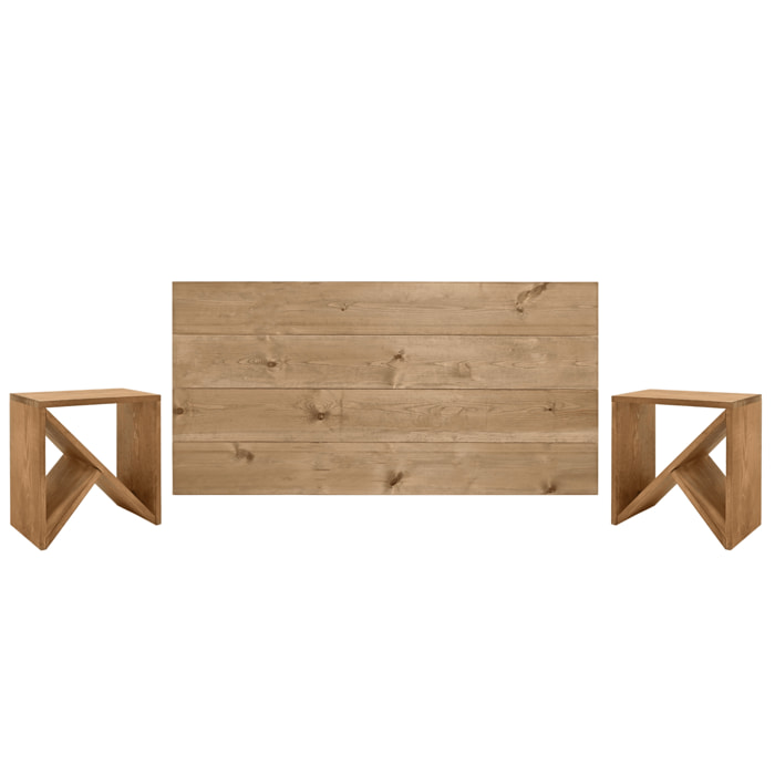 Pack tête de lit et tables en bois massif ton chêne foncé de différentes tailles