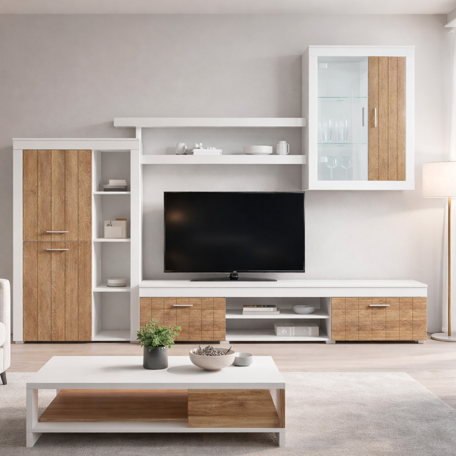 Parete Attrezzata Da Soggiorno Salotto Moderna Con Ante Mensole Vani A Giorno Vetrinetta Mobile TV Design Moderno 293 x 193 x 50 Cm Bianco E Noce