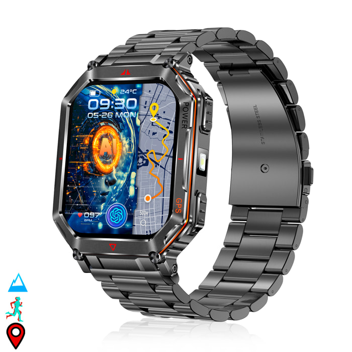 Smartwatch KR92 con chiamate BT, GPS, strumenti di esplorazione, monitor cardiaco, ChatGPT e oltre 100 modalità sportive. Cinturino in metallo.