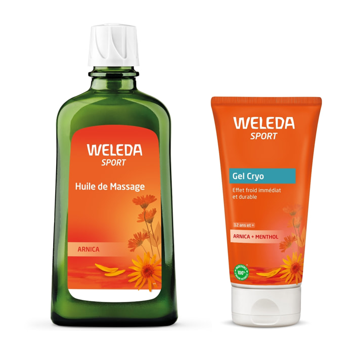 WELEDA - Duo Huile de Massage Arnica + Gel Cryo Arnica - Préparation et récupération sportive - Vegan* - Certifié Natrue** - Flacon verre 200ml + Tube 100ml