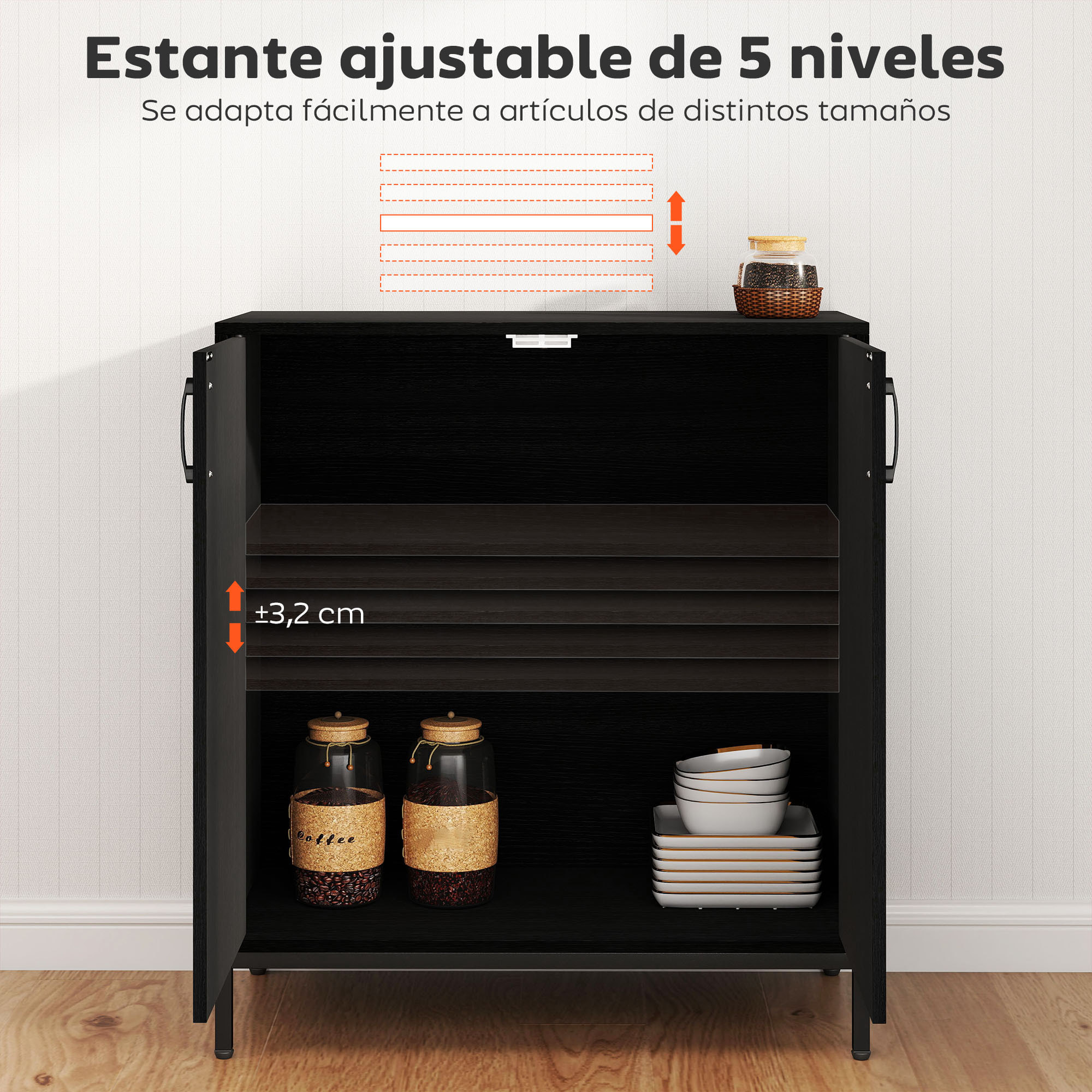 Aparador para Salón con 2 Puertas, Aparador de Cocina Moderno, Estante Ajustable y Base Elevada, para Comedor, Pasillo, Dormitorio, 80x40x90 cm, Negro