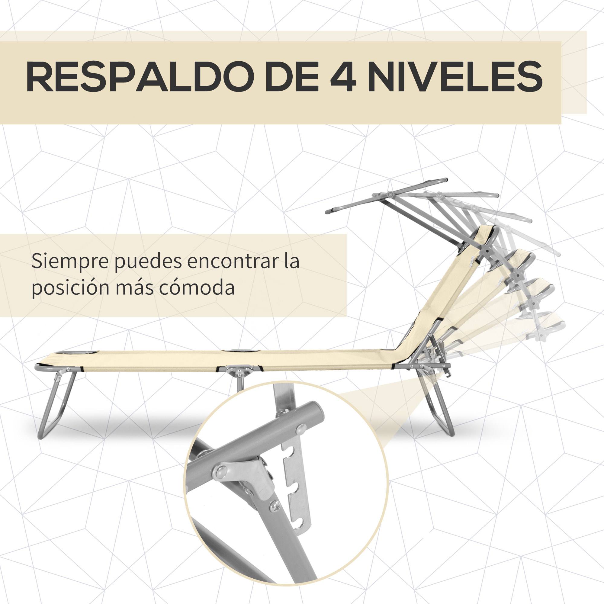 Conjunto de 2 Tumbonas Plegables Tumbonas de Jardín con Toldo Desmontable y Regulable Respaldo Reclinable para Terraza Acampada 187x58x36 cm Beige