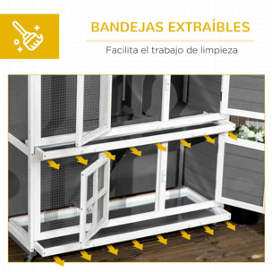 Conejera de Madera de 2 Niveles Jaula para Conejos con Ruedas 2 Puertas Techo Abatible y 2 Bandejas Extraíbles Conejera para Interior y Exterior 119x50,5x109 cm Blanco y Gris