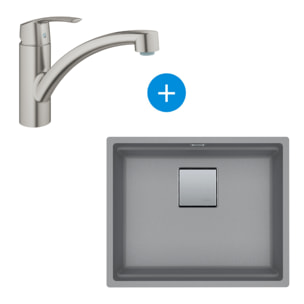 Set Kubus Evier sous plan 56x46cm Fragranit+, Pierre Grise + Mitigeur Grohe Monocommande SuperSteel (125.0512.507-DC1)