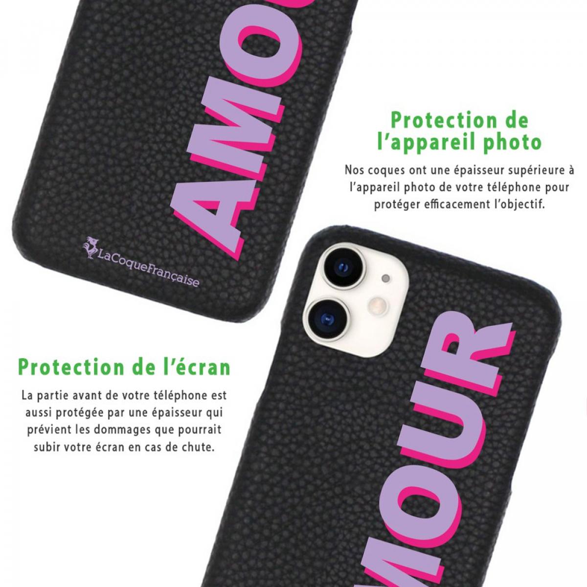 Coque iPhone 11 effet cuir grainé noir Amour parme et fushia Design La Coque Francaise