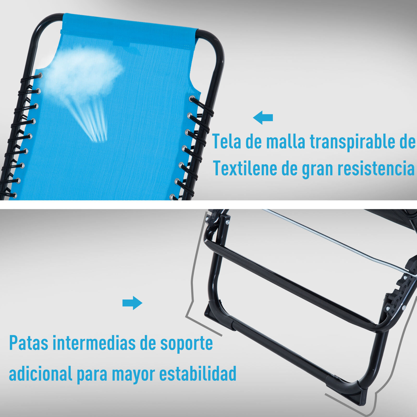 Tumbona Plegable, Tumbona Jardín Exterior Reclinable 4 Posiciones con Reposacabezas y Marco de Acero, Carga 120 kg, para Terraza, Piscina, Playa, 189x58x30 cm, Azul Claro