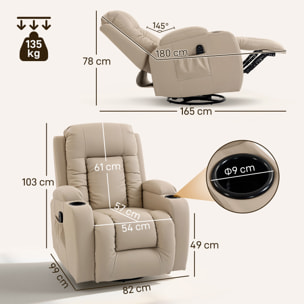 Sillón de Masaje Giratorio, Sillón Relax Reclinable con 8 Puntos de Masaje, Función Calefacción Lumbar, Mando a Distancia, Tapizado en PU, Reposapiés, Bolsillo Lateral, Función Basculante Crema