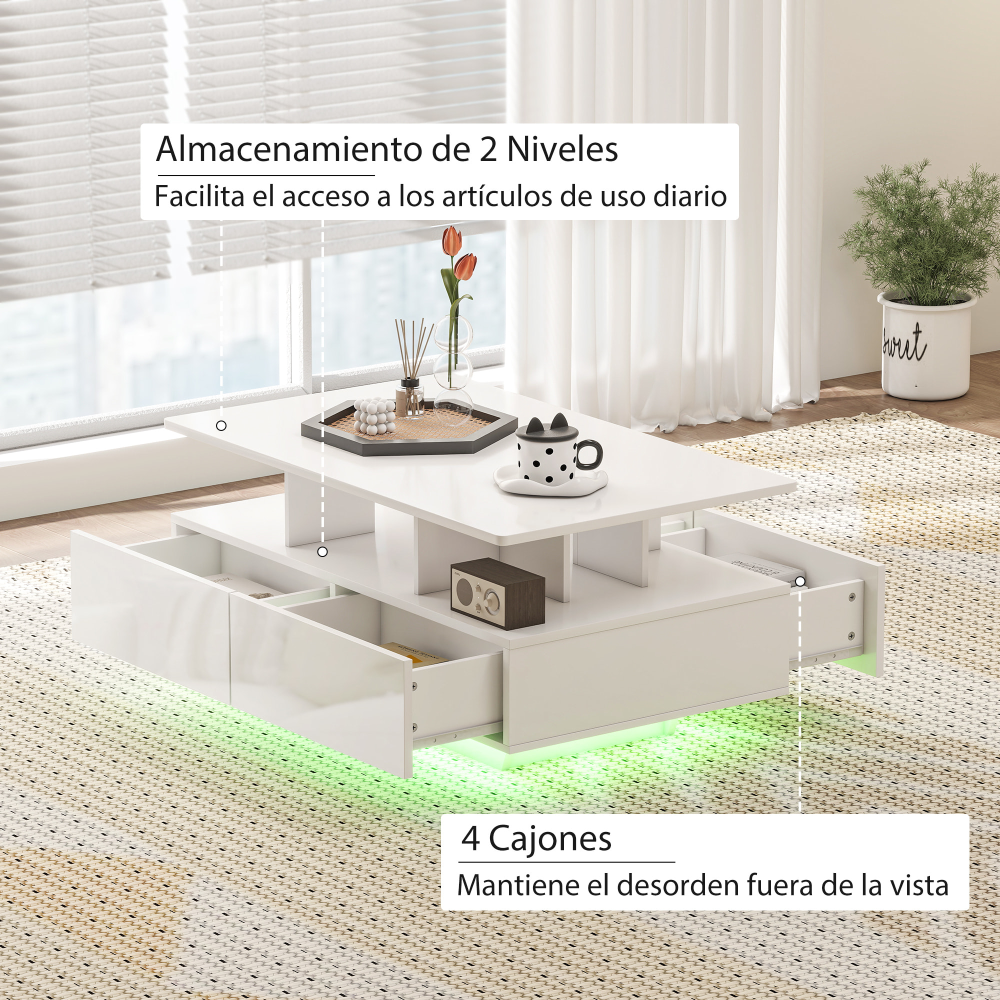 Mesa de Centro LED Moderna Mesa de Café Brillante con 4 Cajones Estante Abierto y Luces LED de 16 Colores para Salón 90x55x41 cm Blanco Brillo