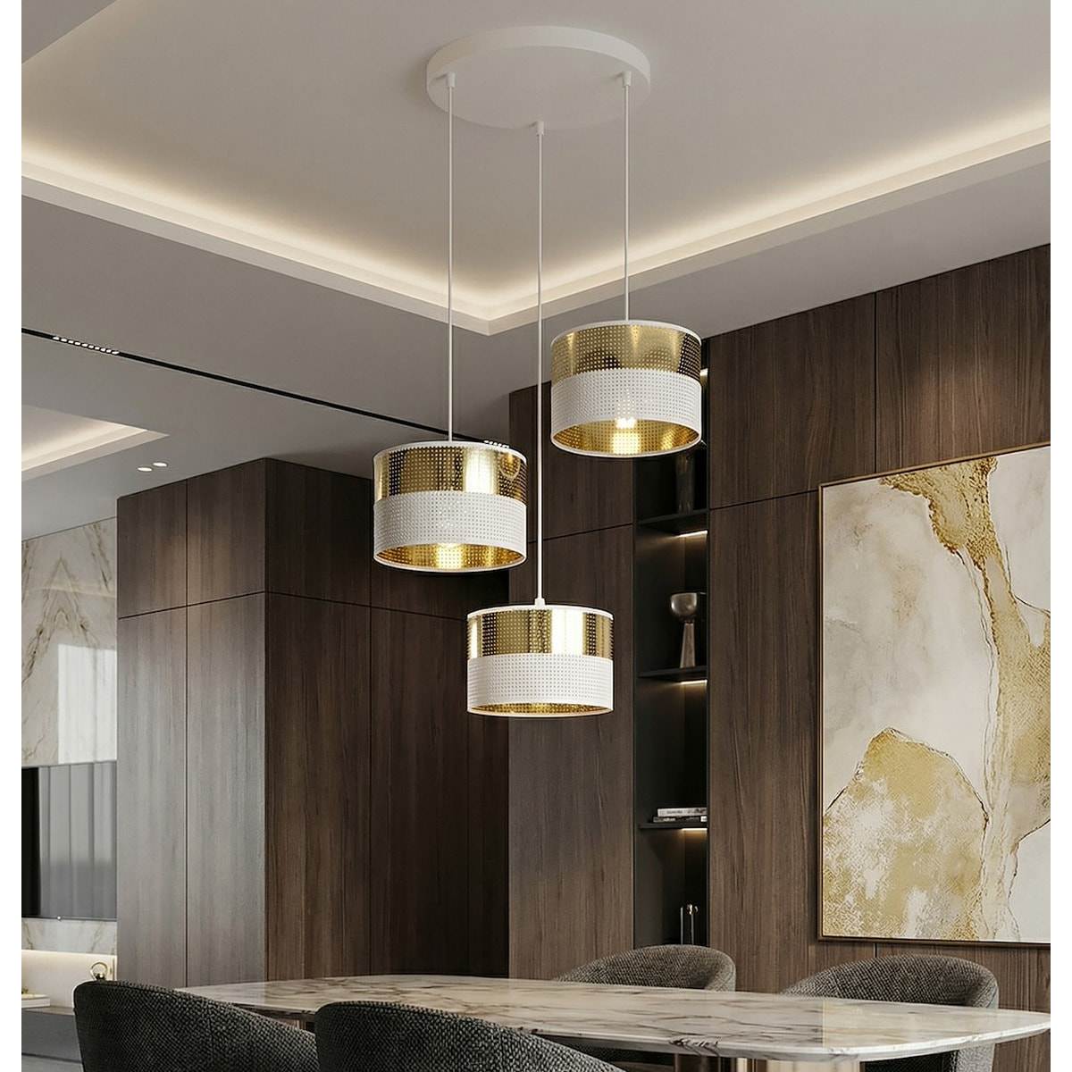 Lampada a sospensione Lux in acciaio bianco e oro