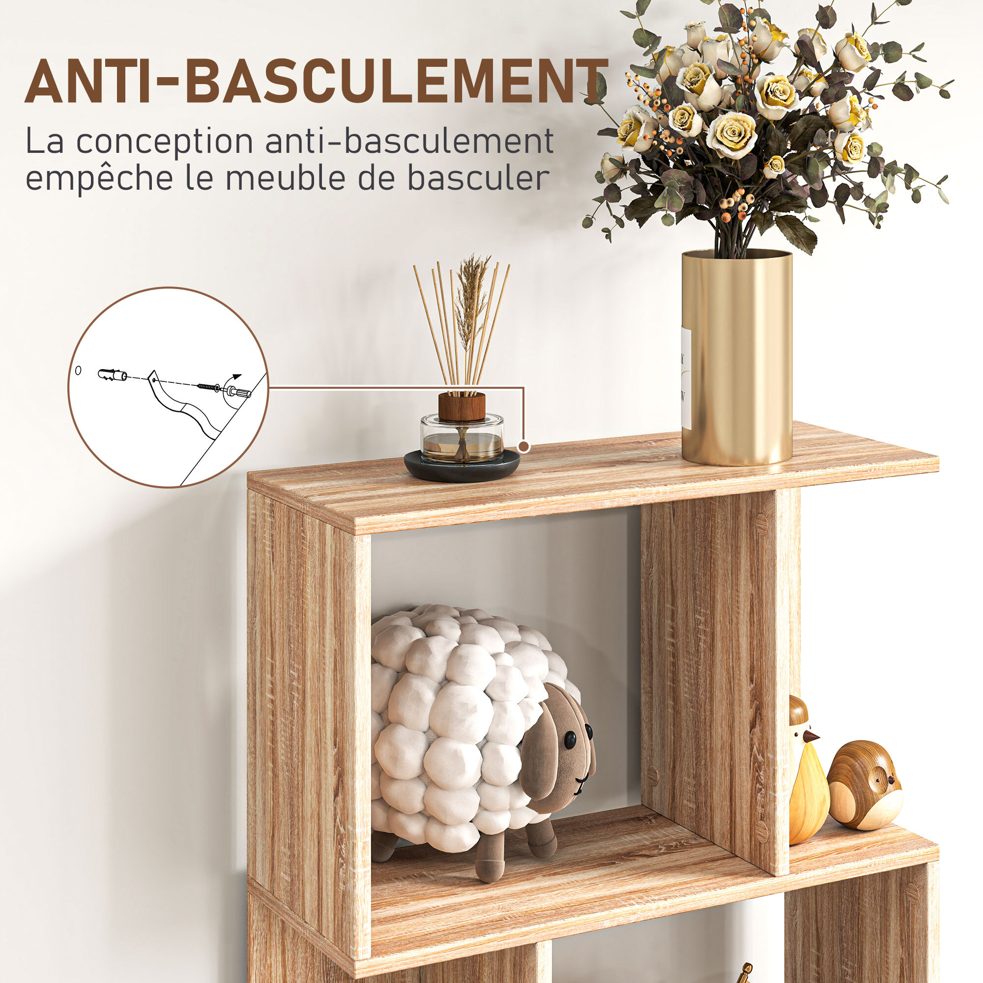 Bibliothèque étagère meuble de rangement design contemporain en S 5 étagères 60L x 24l x 185H cm effet bois clair