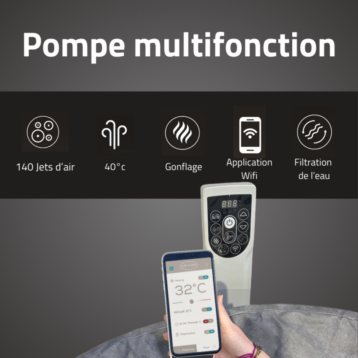 Bestway Spa semi rigide rond Lay-Z-Spa Carrara Smart AirJet Thermacore avec WiFi 4-6 personnes