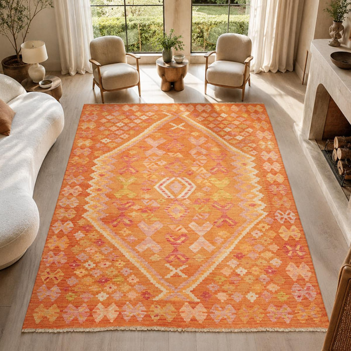 Tapis kilim au motif ethnique, tissé plat en laine naturelle