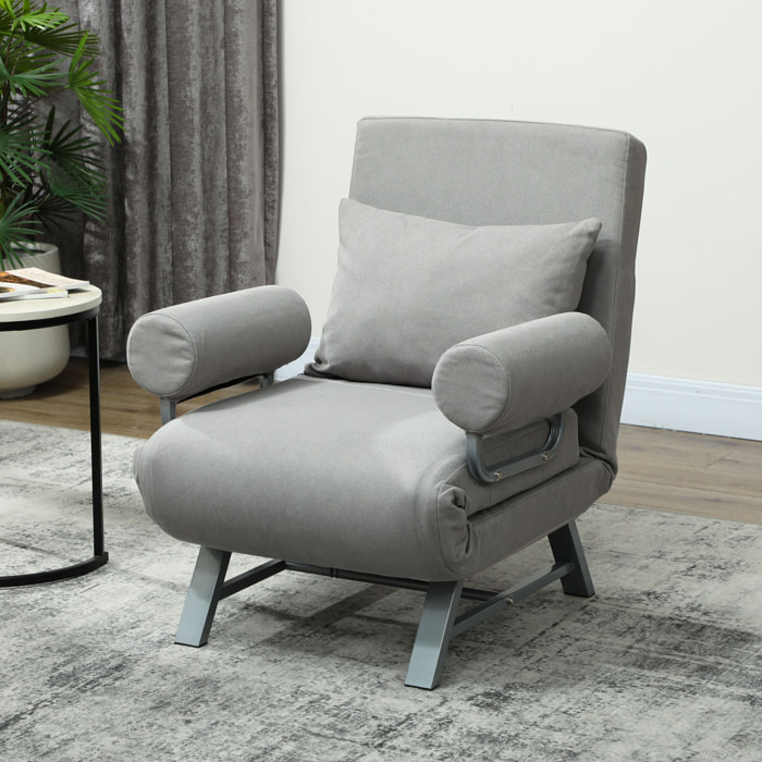 Fauteuil chauffeuse convertible inclinable coussin lombaires accoudoirs piètement métal lin gris clair