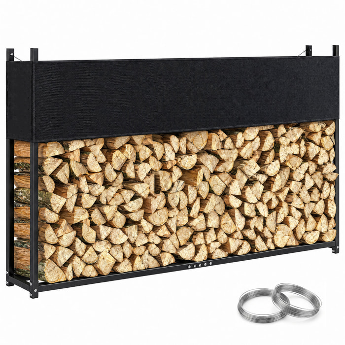 Outsunny Estante de Leña con Funda Oxford 600D y Cables, Leñero Exterior de Acero Galvanizado Robusto, Carga 500 kg, para Interior y Exterior, Jardín, Terraza, 202x25x113 cm, Negro