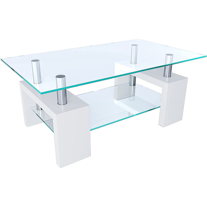 Tavolino Basso Rettangolare Salotto In Vetro E Legno MDF Soggiorno Salone Sala Pranzo Tavolo Caffè Ripiano Moderno Elegante Bianco 100 x 60 x 45 cm