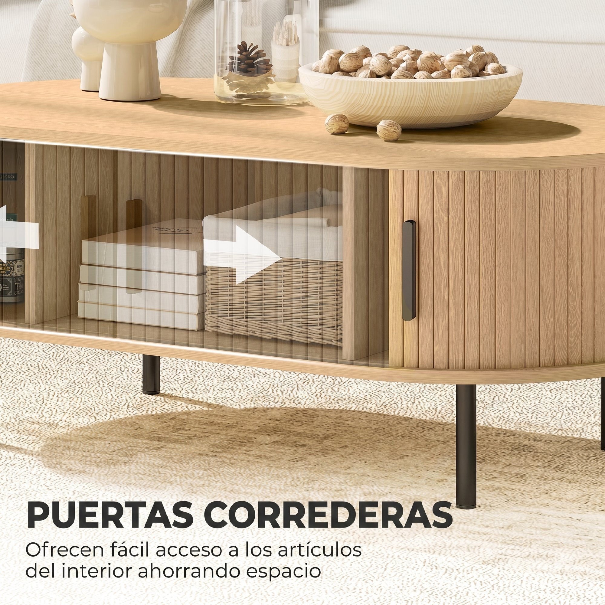 Mesa de Centro con Puertas de Tambor Deslizantes, Mesa de Café Ovalada para Salón con Almacenamiento Oculto y Patas de Metal, Moderno de Mediados de Siglo, 100x55x40 cm, Madera Natural