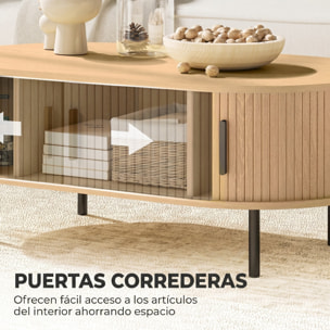 Mesa de Centro con Puertas de Tambor Deslizantes, Mesa de Café Ovalada para Salón con Almacenamiento Oculto y Patas de Metal, Moderno de Mediados de Siglo, 100x55x40 cm, Madera Natural