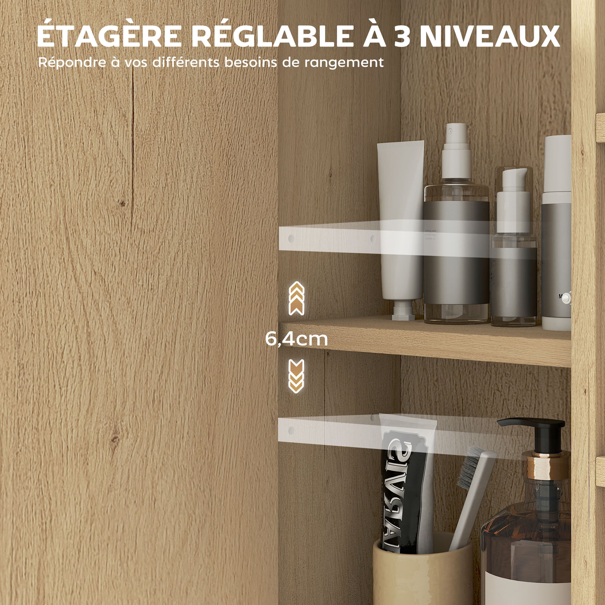 Armoire miroir murale salle de bain - 6 niches, porte, étagère - acier noir effet bois